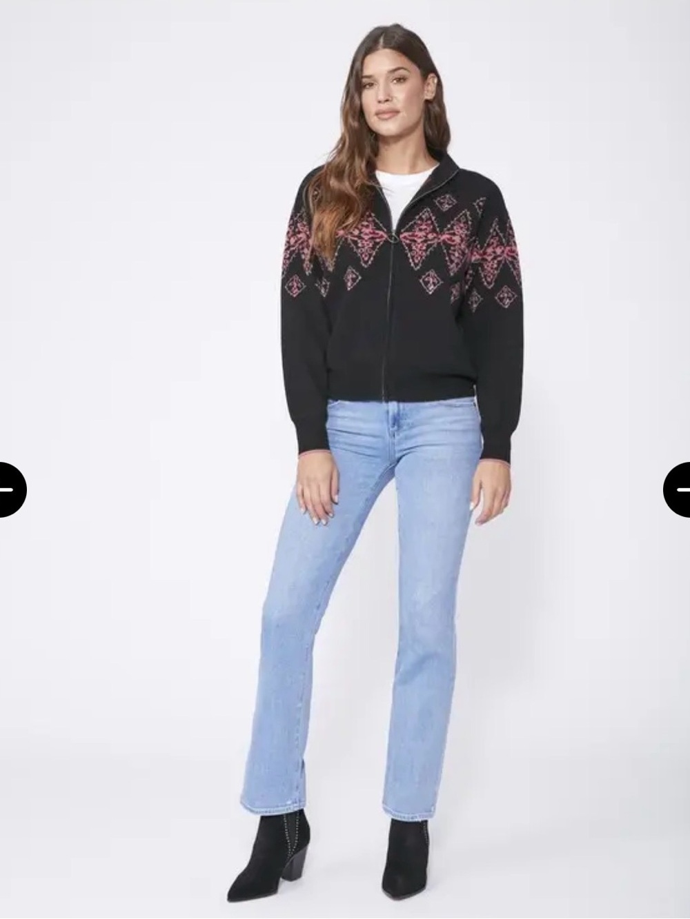 PAIGE Fabienne Zip Bomber Sweater with Pink Fair Isle Accents